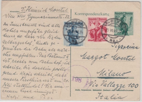 Österreich - 20 g Trachten Ganzsache + Zusatz n. ITALIEN Wien Milano 1949 Zensur