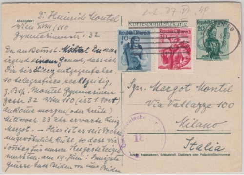 Österreich - 20 g Trachten Ganzsache + Zusatz n. ITALIEN Wien Milano 23.6.1949