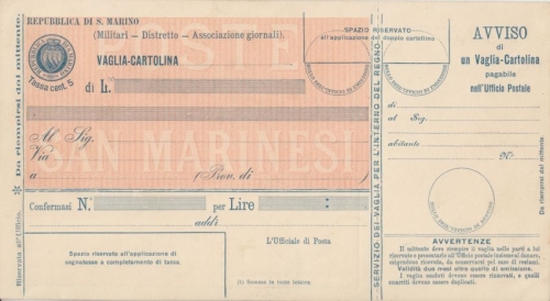 San Marino - 5 Cmi. Ganzsache Postanweisung ungebraucht Ausgabe 1900