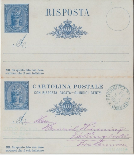 San Marino - 15/0 Cmi. Ganzsache Doppelkarte Republica di San Marino 1892 n.