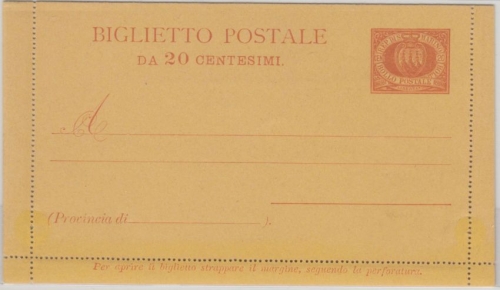 San Marino - 20 Cmi. Ganzsache Kartenbrief Ausgabe 1890 ungebraucht