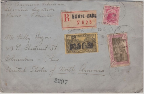 Monaco - 2 Fr. Ansichten u.a. Einschreibebrief n. USA Monte Carlo Columbus 1926