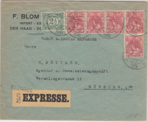 Niederlande - Den Haag 1919 L1 Brievenbus Expressbrief n. Münster