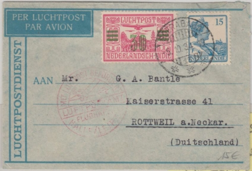Niederl. Indien - 30 a. 40 C Flugpost u.a. Luftpostbrief Soerabaja Rottweil 1934