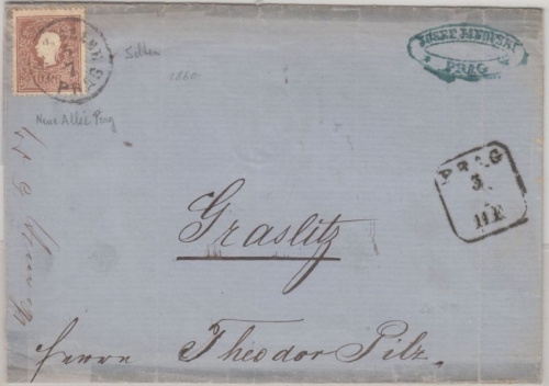 Österreich - 10 Kr. 2. Ausgabe Brief Neue Allee Prag - Graslitz 1860 ohne Inhalt