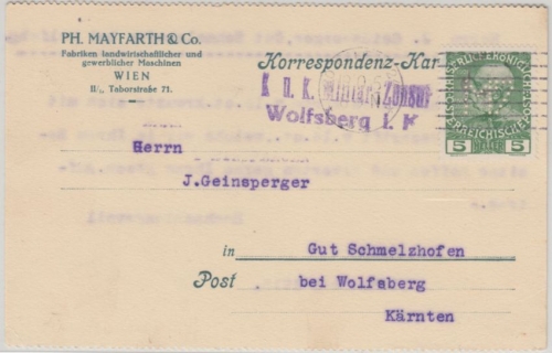 Österreich - 5 H. Franz-Joseph Perfin MZ Zensurkarte Wien - Wolfsberg 1915
