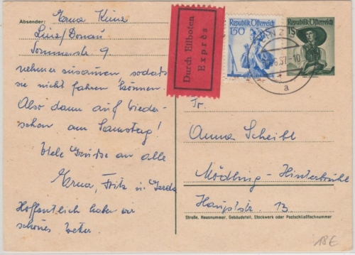 Österreich - 1 S. Trachten + Zusatz Eilkarte Linz - Mödling 1957