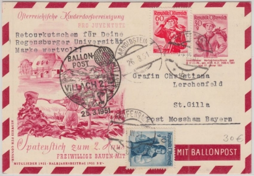 Österreich - 30g Trachten Privatganzsache + Zusatz Ballonpost Teufenbach 1951