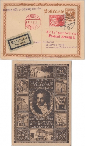 Österreich - Erstflug Wien Gleiwitz Breslau Luftpostkarte n. Mohrungen OPr. 1927