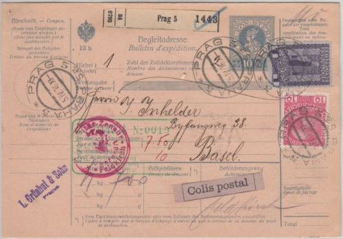 Österreich - 10 H Paketkarte + Zusatz i.d. SCHWEIZ Prag Basel 1916 Zensur