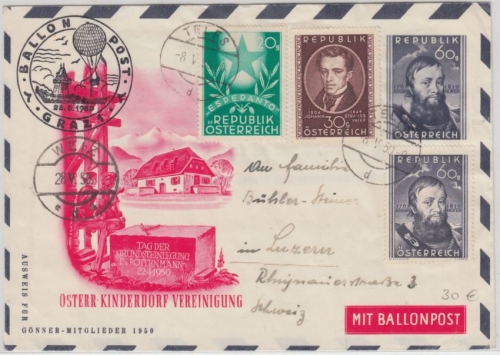 Österreich - 60g Hofer Privatganzsache Kinderdorf Ballonpost Telfs Luzern 1950