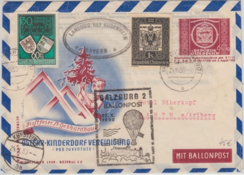 Österreich - 60g UPU Privatganzsache Kinderdorf Ballonpost Warth Kuftstein 1950
