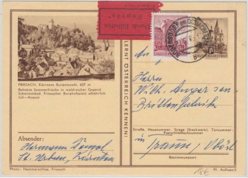 Österreich - 1 S. Ganzsache Baudenkmäler + Zusatz Eilkarte Bodensdorf Traun 1965