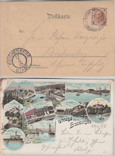 Österreich - K.K. Österr. Schiffspost a. Bodensee K1 Mehrbild-Farblitho 1897 n.