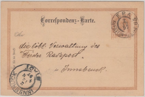 Österreich - Kufstein Ala FPA No. 65 Bahnpost 2 Kr. ganzsache n. Innsbruck 1897