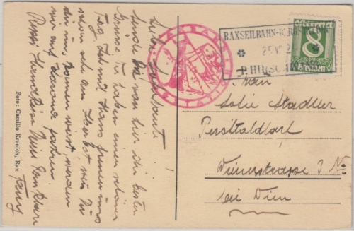 Österreich - Raxseilbahn Bergstation P. Hirschwang Postablage Ra3 Karte 1929