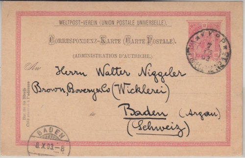 Österreich - KKPP Wien Bregenz No. 15 Bahnpost 10 H. Ganzsache i.d. SCHWEIZ 1903