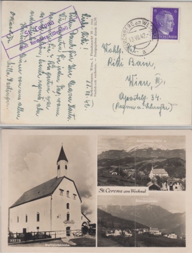 Österreich - St. Corona ü. Kirchberg Wechsel Postablage Ra2 Karte n. Wien 1942