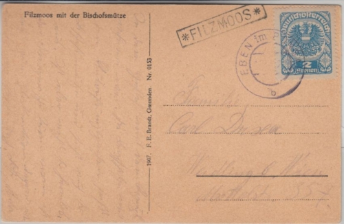 Österreich - Filzmoos Postablage Ra1 sw-Ansichtskarte Eben - Mödling 1922