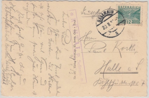 Österreich - Kühtai P. Sellrain Postablage Ra1 Karte Sellrain - Halle 1933