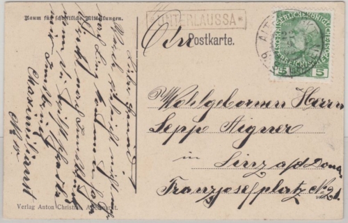 Österreich - Unterlaussa Postablage Ra1 Karte Altenmarkt b. St. Gallen Linz 1908