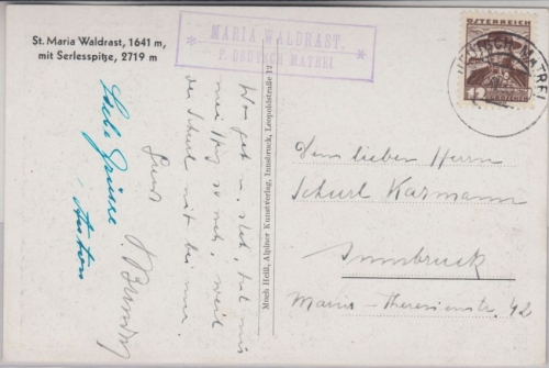 Österreich - Maria Waldrast P. Deutsch Matrei Postablage Ra2 Karte 1935