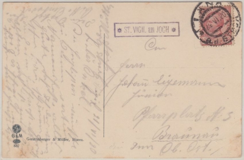Österreich/Italien - St. Vigil a. Joch Postablage Ra1 Karte Lana - Braunau 1920