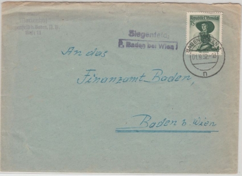 Österreich - Siegenfeld P. Baden b Wien Postablage L2 Brief n Baden b. Wien 1952