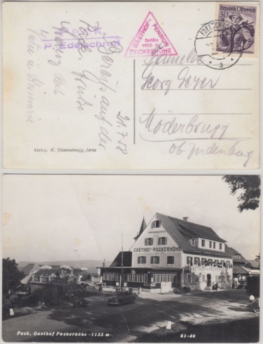 Österreich - Pack P. Edelschrott Postablage L2 AK Gasthof Packer Höhe 1959 n.
