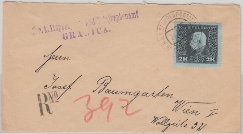 Österreich Feldpost - 2 K. Franz J. Einschreibebrief Granica - Wien 1917