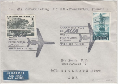Österreich - AUA 1. Caravelle Flug Wien - London 1963 Etappe Wien - Frankfurt/M