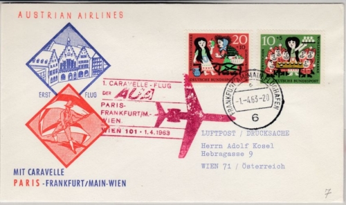 Österreich - AUA 1.Caravelle Flug Paris - Wien 1.4.1963 Etappe Frankfurt/M Wien