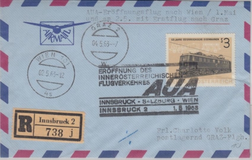 Österreich - AUA Erstflug Innsbruck - Wien 1963 Einschreiben Etappe Graz