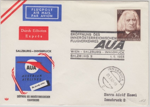 Österreich - AUA Erstflug Wien - Innsbruck 1.5.1963 Luftpost Eilbrief