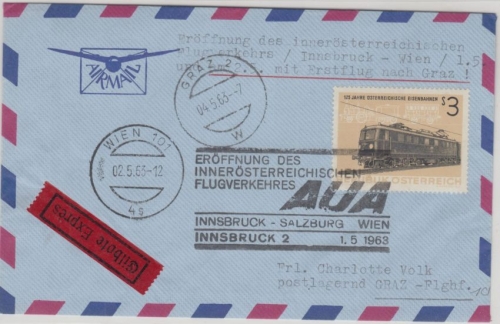 Österreich - AUA Erstflug Innsbruck - Wien 1963 Eilbrief Etappe Graz