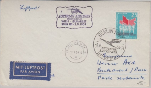 Österreich - AUA Erstflug Wien - Bukarest 1959 Zuleitung DDR selten !!
