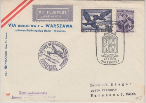 Österreich - DDR Lufthansa Erstflug Berlin - Warschau 1956 Zuleitungspost