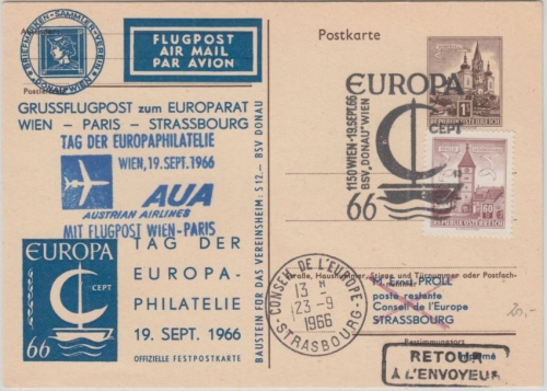 Österreich - AUA Sonderflug Wien Paris Grussluftpost Europarat Strassbourg 1966