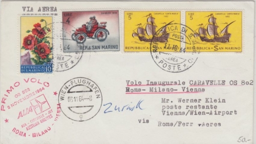 Österreich - AUA Erstflug Rom - Wien 1964 Zuleitungspost San Marino - selten !!