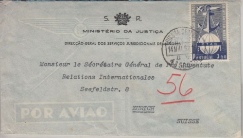 Portugal - 3,50 E. NATO OTAN Luftpostbrief i.d. SCHWEIZ Lissabon - Zürich 1952