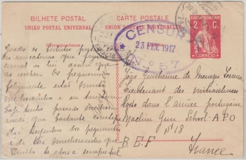 Portugal - 2 C. Ceres Ganzsache n. FRANKREICH a. portug. Leutnant APO S18 1917