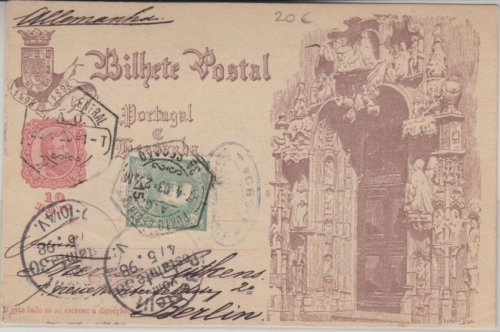 Portugal - 10 R. Sonderganzsache Vasvo da Gama + Zusatz Porto - Berlin 1898