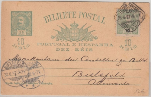 Portugal - 10 R. König Carlos Ganzsache + Zusatz Lissabon - Bielefeld 1897