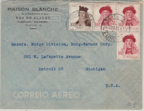 Portugal - 2+1 E. + 50 C. Volkstrachten Luftpostbrief n. USA Lissabon 1947 n.