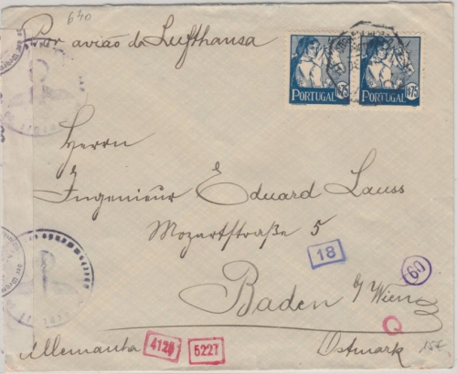 Portugal - 2x1,75 E. Volkstrachten Luftpostbrief Lissabon - Baden 1941 Zensur