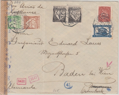 Portugal - 5 C. Diana Tempel u.a. Luftpostbrief Lissabon - Baden 1943 Zensur