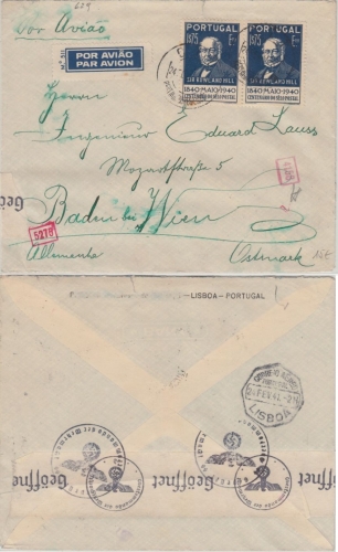 Portugal - 2x1,75 E. Rowland Hill Luftpostbrief Lissabon - Baden 1941 Zensur