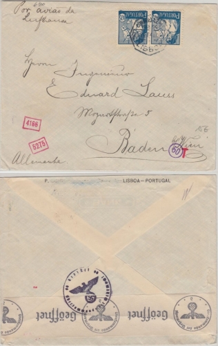 Portugal - 2x1,75 E. Volkstrachten Luftpostbrief Lissabon Baden 29.9.41 Zensur
