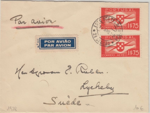 Portugal - 2x1,75 E. Flugpostausgabe Luftpostbrief n. SCHWEDEN Lissabon 1938