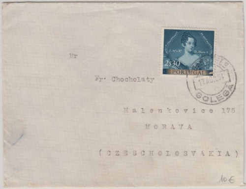 Portugal - 2,30 E. 100 J. Briefmarken Brief n. CSSR Golega - Morava 1954